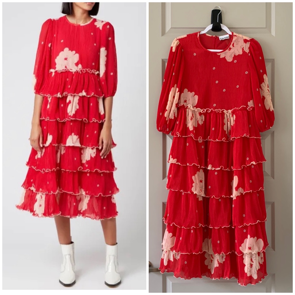 Ganni Size Eu 40 (Large, Us 8/10) Pleated Georgette Maxi Dress In Lollipop Red